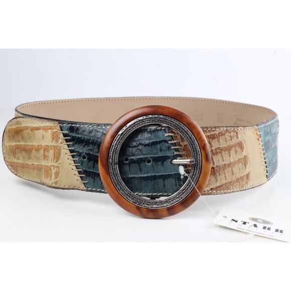 Green Baige Patchwork Leather Round Buckle Wide Adjustable Waist Belt Size 90 main image 2
